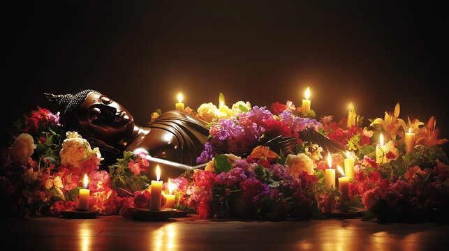 Parinirvana Day, Reclining Buddha Statue Surrounded by Flowers and Candles During Parinirvana Day Nighttime Remembrance Ceremony