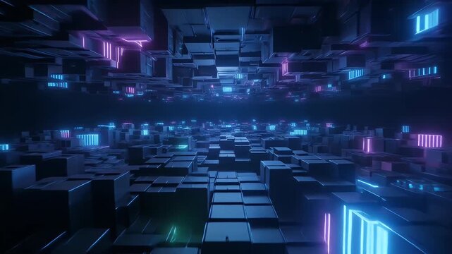 3D looped abstract background featuring glowing data blocks and information flow, representing modern technology, big data, and digital connectivity.