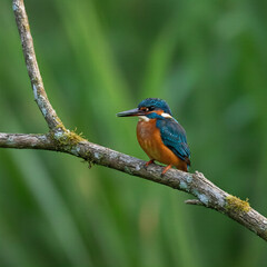 Fototapeta premium Common Kingfisher Perched on Branch with Green Bokeh Background