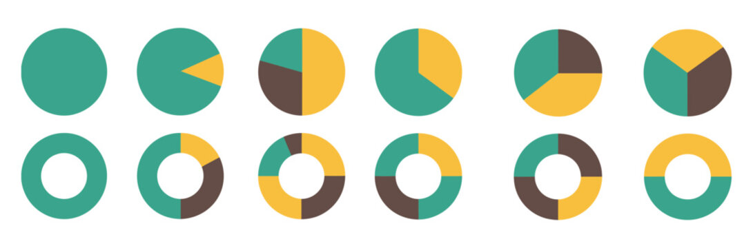 Circle Division Infographic Icon Set: Colorful Pie Charts Divided into 4, 5, and 6 Equal Parts for Data Visualization and Business Presentations