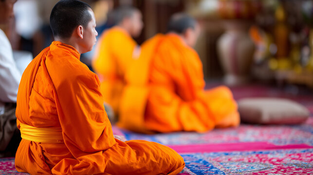 Parinirvana Day, Young Buddhist Monk Sitting in Deep Meditation Inside Temple During Parinirvana Day Religious Observance