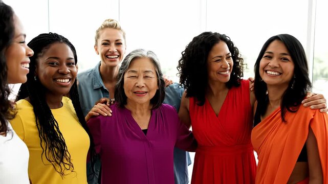 A diverse group of women laughing and embracing each other in a heartwarming moment of female friendship and solidarity captured in this video.