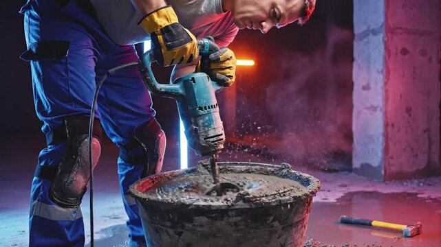 Industrial worker drilling into concrete with power tool in dimly lit construction site environment from a low angle viewpoint