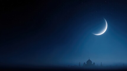 Obraz premium Ramadan Kareem background with crescent moon above mosque dome