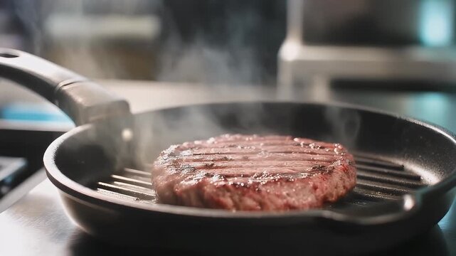 Juicy beef burger patty grilling in a cast-iron pan with visible smoke rising, close-up shot.
