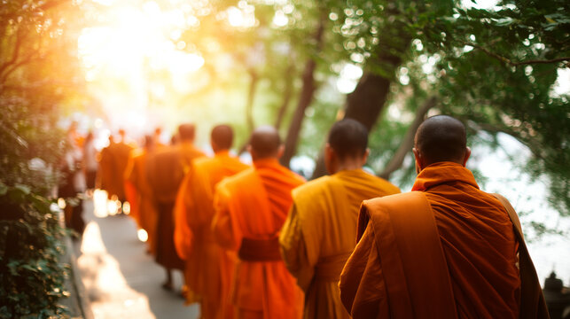 Parinirvana Day, Buddhist Monks Walking in Silence Through Forest Path During Parinirvana Day Spiritual Pilgrimage and Reflection