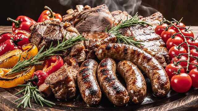 Gourmet BBQ Platter: Grilled Meats, Sausages, Peppers, and Tomatoes