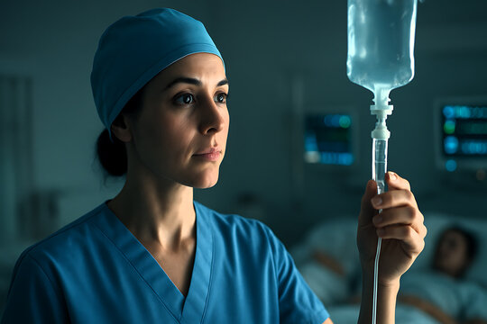 Serious nurse in blue scrubs monitoring an intravenous IV drip bag for a patient in a critical care unit