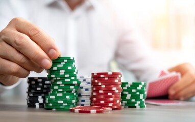 Naklejka premium Closeup of Player Counting Casino Chips with Cards on Table