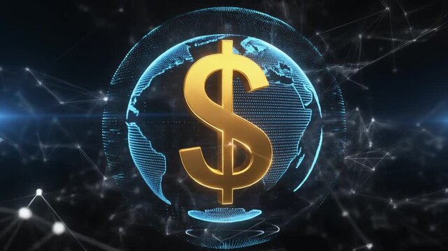 A golden dollar sign overlays a glowing digital Earth with blue nodes and lines, symbolizing global finance, blockchain networks, and fintech connectivity against a dark technological background.