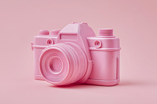 A Plastic Pink Camera on a Pink Background, Monochrome Image