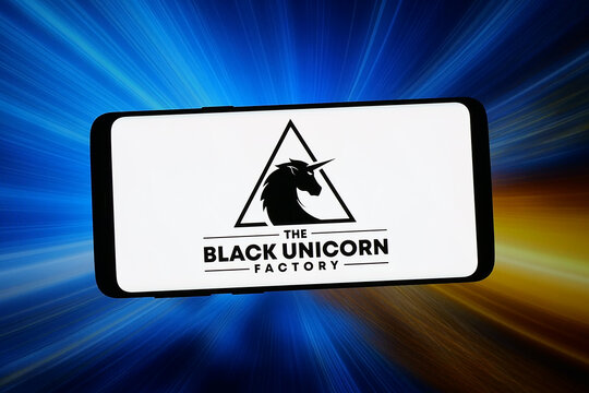 Stuttgart, Germany - 02-05-2026: In this photo illustration, the logo of venture capital company Black Unicorn Factory is displayed on a smartphone in front of abstract background on computer screen.