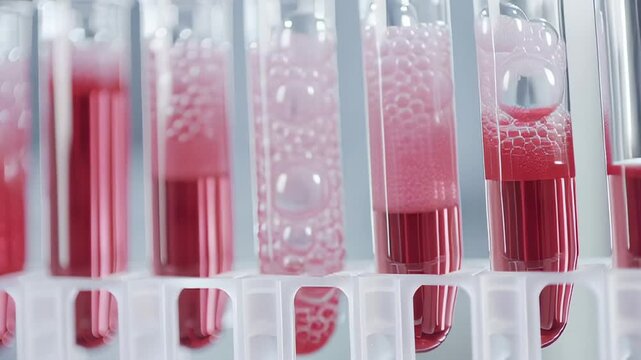 Scientific experiment: red liquid reaction in test tubes with bubbling and transformation