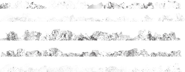 Obraz premium Spray texture half line border set. Distress horizontal design element, for layouts and overlays. Spray paint stroke, splatter line dividers. Speckled vector brush strokes, edges.