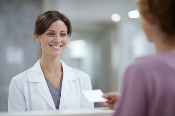 Obraz premium Smiling female doctor with patient holding insurance card at hospital reception