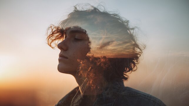 National Multiple Personality Day:lifestyle portrait of a person outdoors at golden hour, subtle motion blur and layered exposure suggesting multiple identities within one individual