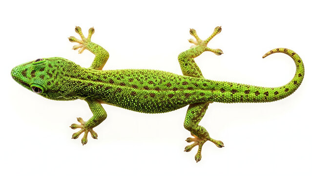 Small green gecko reptile with dark spots resting on white surface illustrating detailed textured skin and gripping feet