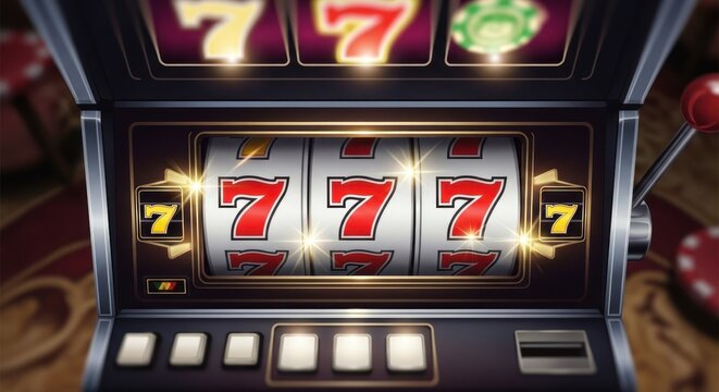 Close-up of a slot machine with three sevens. Lucky winning casino game pull lever