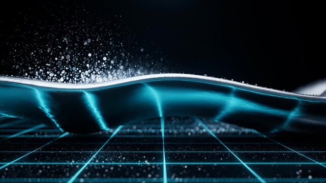 Futuristic animation with wave object and glitter particles in slow motion