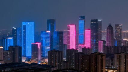 Naklejka premium Nighttime city skyline with illuminated skyscrapers