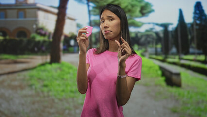 Fototapeta premium Woman holding a menstrual cup between fingers, pinching and examining it with a hesitant expression in a building lined park; doubt menstrual care.