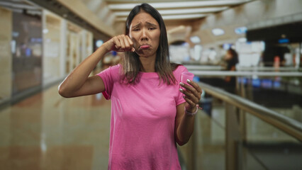 Fototapeta premium Woman holding menstrual cup wipes eyes with hand in airport terminal walkway; embarrassment vulnerability.