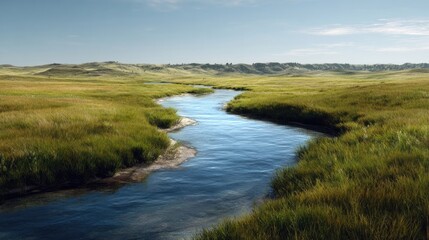 Wetland tributary flowing gently into a larger river basin