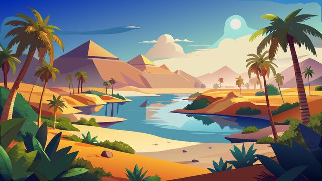 Very beautiful tranquil desert oasis emerges with soft sands, scattered greenery, and calm water, offering a peaceful contrast to Egypt&rsquo;s vast arid landscapes and timeless natural rhythms.