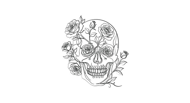 Sugar skull with roses line art illustration