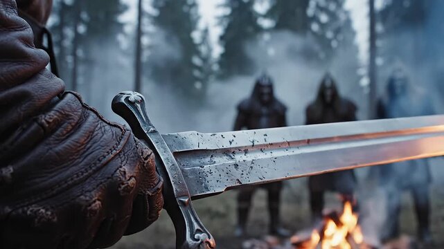Cinematic Macro Shot of Knight Holding Sword in Foggy Woodland
