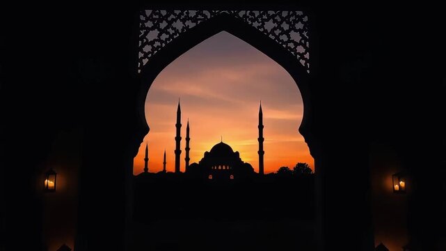 Cinematic smooth video shot from inside a dark traditional Islamic interior looking outward through an ornate arch window, Islamic arch window sunset with mosque silhouette
