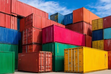 Fototapeta premium Colorful Shipping Containers Stacked in a Port for Global Trade Operations