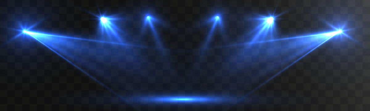 Blue stage spotlights with wide glowing beams on a dark background, creating a modern concert lighting scene suitable for shows, presentations and digital backdrops.
