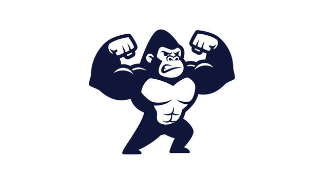 Strong gorilla posing and flexing muscles on white background