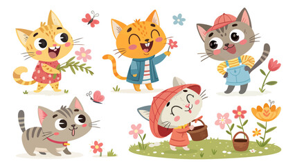 Cute cartoon cats in playful garden scenes with flowers