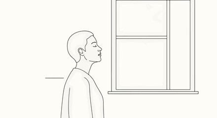 Person with eyes closed stands indoors near a window with natural light coming through the pane representing tranquility and contemplation © Jonmart