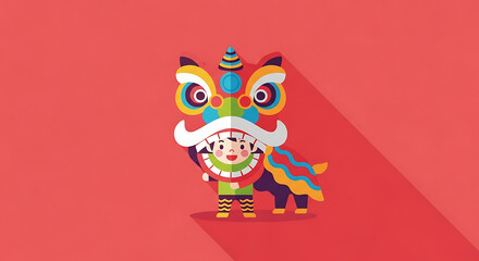 Fototapeta premium Chinese New Year lion dance performance with a kid icon on red background illustration