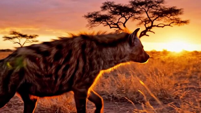 A hyena walking through savannah at dusk, cinematic.