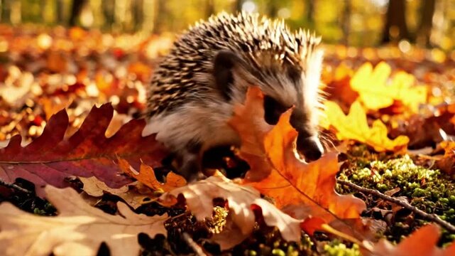 A hedgehog walking through fallen autumn leaves, cute macro shot.