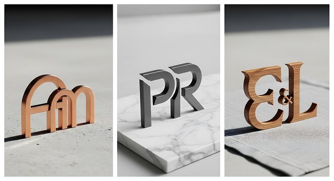 Collection of bespoke three dimensional monogram initials crafted from contrasting luxurious materials including polished copper metal dark steel and natural oak wood.