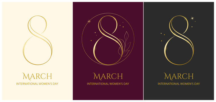 Minimalist Gold Luxury Line Art Number 8 Designs Collection on Cream, Plum & Charcoal Backgrounds for March International Women`s Day