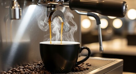 Espresso being poured into a black coffee cup.