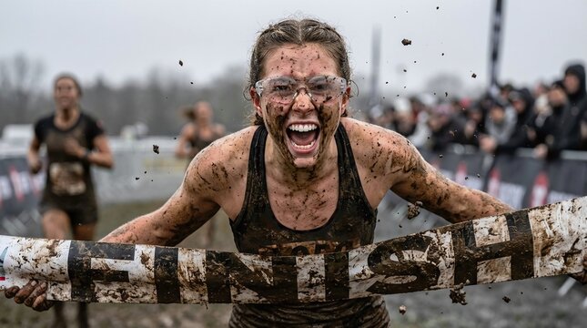 Woman celebrating at finish line of muddy obstacle course race