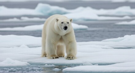 Obraz premium Polar bear walks on ice floe, arctic background