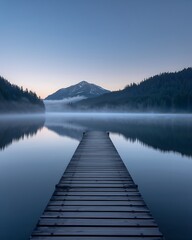 Fototapeta premium A serene shot of a wooden pier extending into a calm lake with mountain in background. The water reflects the scene perfectly