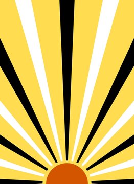 rst pattern in yellow, orange, black and white. Vintage sunrise design with radiating rays for 70s style posters and graphics.