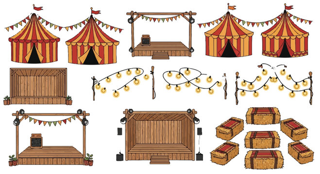 Isolated circus fairground elements collection: striped tents, wooden stages, string lights, hay bales isolated PNG with Transparent Background