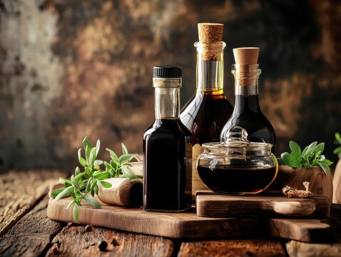 Assorted dark soy sauces with fresh herbs and spices on rustic wooden surface for cooking and flavo