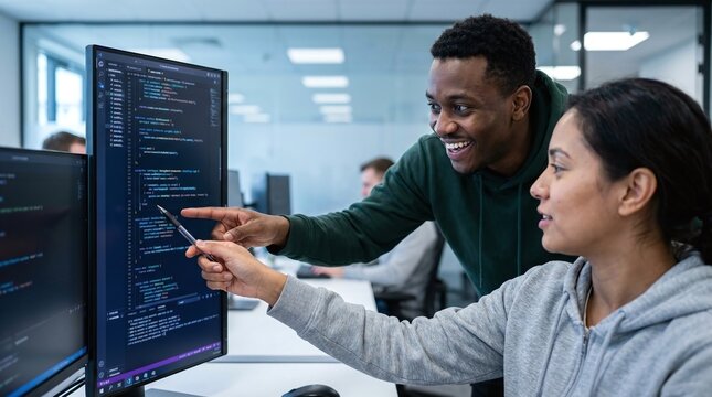 Diverse developers collaborating on code in modern office