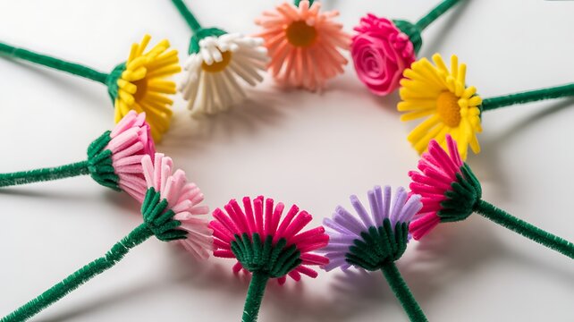 Handmade pipe cleaner daisies and roses floral headband craft on white background